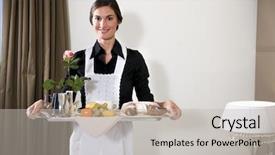  Presentation with breakfast - Presentation design having room service - happy maid carrying breakfast tray background and a light gray colored foreground
