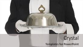  Presentation with waiter - Presentation enhanced with room service - waiter torso holding a silver background and a light gray colored foreground