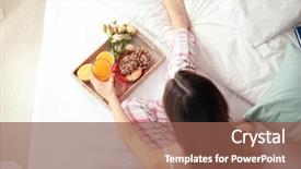  Presentation with temple breakfast - Presentation theme consisting of room service - young woman having breakfast background and a violet colored foreground