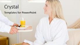  Presentation with being a single woman - Slides enhanced with room service - young woman receiving breakfast background and a  colored foreground