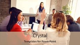  Presentation with audience - PPT theme consisting of room wanted - woman from audience on business background and a lemonade colored foreground