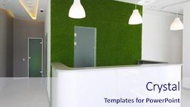  Presentation with business in green - Audience pleasing presentation design consisting of room with desk green lawn backdrop and a sky blue colored foreground