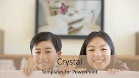  Presentation with young children - Colorful PPT theme enhanced with flatscreen - two young children in living backdrop and a coral colored foreground
