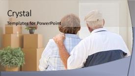  Presentation with senior couple - Theme featuring room with packed moving box background and a mint green colored foreground