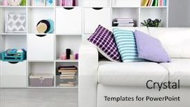  Presentation with living room - Colorful slide set enhanced with violet books - white living room with sofa backdrop and a light gray colored foreground