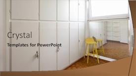  Presentation with nobody - Audience pleasing slide deck consisting of room with white cabinets and a yellow stool nobody inside backdrop and a light gray colored foreground