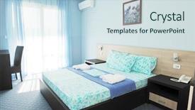  Presentation with clean - Presentation design enhanced with rooms accomodation - fresh and clean hotel room background and a  colored foreground