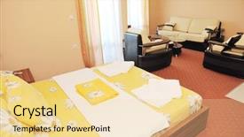  Presentation with clean - Beautiful presentation design featuring rooms accomodation - fresh and clean hotel room backdrop and a  colored foreground