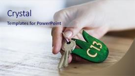  Presentation with hotel key - Colorful slides enhanced with rooms accomodation - guest leaving hotel room key backdrop and a sky blue colored foreground