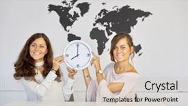  Presentation with sit stand desk - Theme consisting of rooms division - two smiling women sit background and a lemonade colored foreground