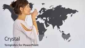  Presentation with water glass - Beautiful theme featuring rooms division - young woman drinks water backdrop and a light gray colored foreground