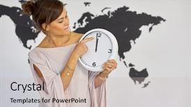  Presentation with minute - Colorful PPT layouts enhanced with rooms division - young woman stands holding wall backdrop and a soft green colored foreground