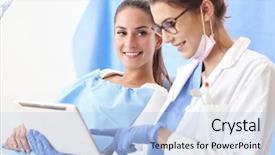  Presentation with dentist - PPT layouts consisting of root canal treatment - adult woman having a visit background and a light blue colored foreground