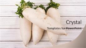  Presentation with wood - Presentation theme consisting of root crops - daikon radish on the white background and a lemonade colored foreground