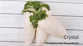  Presentation with crops - Presentation with root crops - daikon radish on the white background and a soft green colored foreground