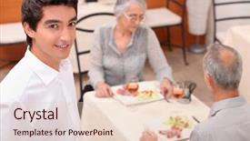  Presentation with work anniversary restaurant catering services - Amazing PPT theme having ros - mature couple and young waiter backdrop and a lemonade colored foreground