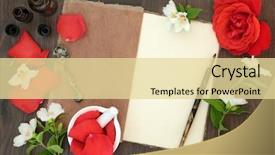  Presentation with hemp oil - Slide deck having rose and orange blossom flowers with essential oil glass bottles mortar with pestle and hemp notebook old pen and ink on oak background background and a blonde colored foreground