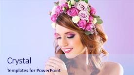  Presentation with purple floral - PPT layouts enhanced with rose crown - beautiful young woman wearing floral background and a sky blue colored foreground