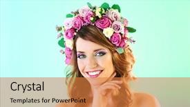  Presentation with beautiful green - Cool new slide deck with rose crown - beautiful young woman wearing floral backdrop and a gold colored foreground