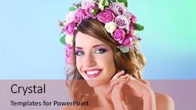  Presentation with blue floral - Slide set consisting of rose crown - beautiful young woman wearing floral background and a coral colored foreground