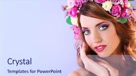  Presentation with purple floral - Amazing PPT theme having rose crown - beautiful young woman wearing floral backdrop and a sky blue colored foreground