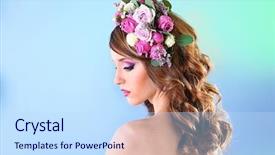  Presentation with blue floral - Colorful PPT theme enhanced with rose crown - beautiful young woman wearing floral backdrop and a sky blue colored foreground