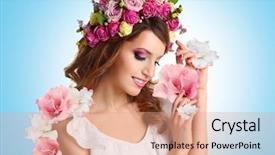  Presentation with blue floral - Slides having rose crown - beautiful young woman wearing floral background and a coral colored foreground