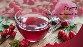  Presentation with seed oil - Slide deck featuring rose-hips and rose hip seed oil on the wooden table close-up background and a coral colored foreground