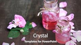  Presentation with bottles - Beautiful presentation design featuring rose oil in bottles backdrop and a dark gray colored foreground