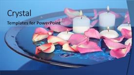  Presentation with blue rose - PPT theme having rose petals and candles in water in vase on blue background close-up background and a light blue colored foreground