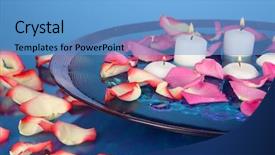  Presentation with blue rose - Amazing presentation theme having rose petals and candles in water in vase on blue background close-up backdrop and a teal colored foreground