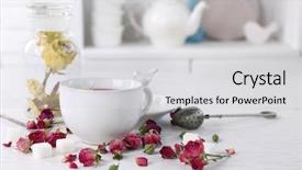  Presentation with tea - Audience pleasing theme consisting of rose tea on table backdrop and a light gray colored foreground