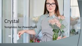  Presentation with refrigerator - PPT theme featuring rosebud - young florist opening the door background and a light gray colored foreground