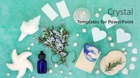  Presentation with anti ageing - Presentation design consisting of rosemary herb skincare beauty treatment with aromatherapy essential oil soaps ex foliating scrubs with astringent anti ageing benefits and helps to reduce environmental skin damage flat lay background and a seafoam green colored foreground