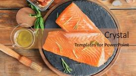  Presentation with sliced fresh papaya on wooden - Slide deck enhanced with rosemary honey - fresh raw salmon fillet background and a  colored foreground