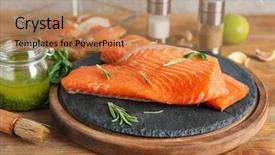  Presentation with sliced fresh papaya on wooden - Slide set consisting of rosemary honey - fresh raw salmon fillet background and a  colored foreground