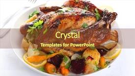  Presentation with roasted chicken - Audience pleasing theme consisting of rosemary honey - whole roasted chicken with vegetables backdrop and a tawny brown colored foreground