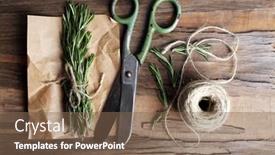  Presentation with parchment - Presentation design consisting of rosemary sprigs on parchment with rope and scissors on wooden background background and a violet colored foreground
