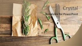  Presentation with parchment - Slide set having rosemary sprigs on parchment with scissors on wooden background background and a coral colored foreground