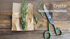  Presentation with parchment - PPT layouts having rosemary sprigs on parchment with scissors on wooden background background and a gray colored foreground