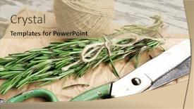  Presentation with parchment - Beautiful theme featuring rosemary sprigs with rope and scissors on parchment on wooden table closeup backdrop and a coral colored foreground
