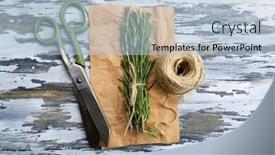  Presentation with parchment - Audience pleasing slide deck consisting of rosemary sprigs with rope and scissors on parchment on wooden background backdrop and a light blue colored foreground