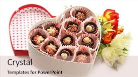  Presentation with heart flowers - PPT theme with roses dark chocolate - heart shaped box with candies background and a coral colored foreground