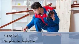  Presentation with old wood planks - Beautiful presentation theme featuring rotary equipments - young carpenter working with wooden backdrop and a light blue colored foreground