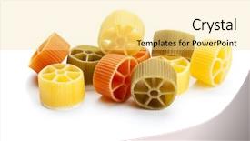  Presentation with pasta - Audience pleasing presentation theme consisting of rotelle pasta wheels in three colors isolated on white backdrop and a blonde colored foreground