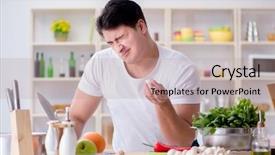  Presentation with cooking equipment kitchen utensils - Colorful presentation theme enhanced with rotten apple - young male cook working backdrop and a  colored foreground