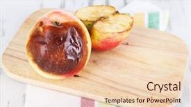  Presentation with wooden board empty table top - Slide deck having rotten apples on wooden board background and a  colored foreground