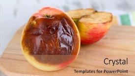  Presentation with wooden board empty table top - Slide deck with rotten apples on wooden board background and a  colored foreground