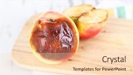  Presentation with wooden board empty table top - Slides consisting of rotten apples on wooden board background and a  colored foreground