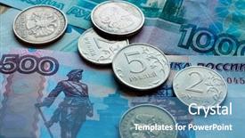  Presentation with european union banknotes and coins - Presentation design enhanced with rouble - russian rubles banknotes and coins background and a teal colored foreground